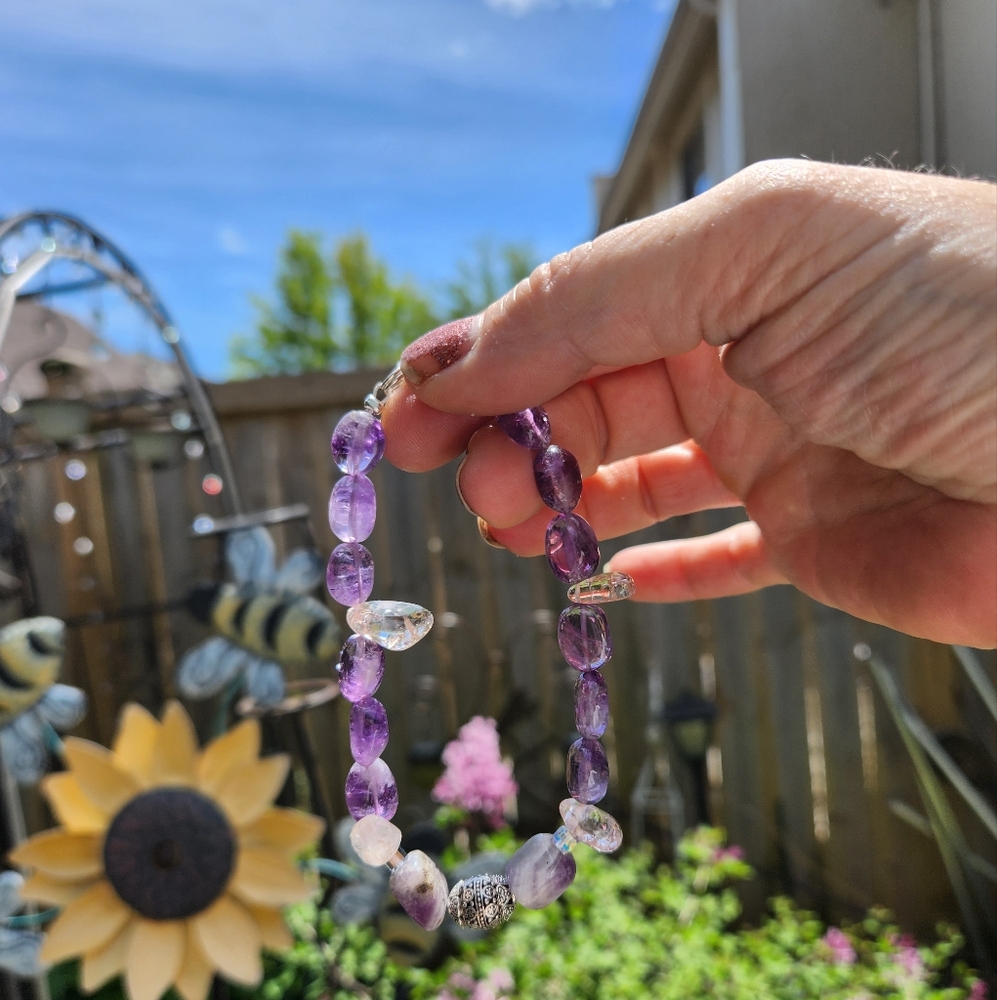 Women's 925 Amethyst and Rose Quartz Bracelet with 925 bead with bead caps.